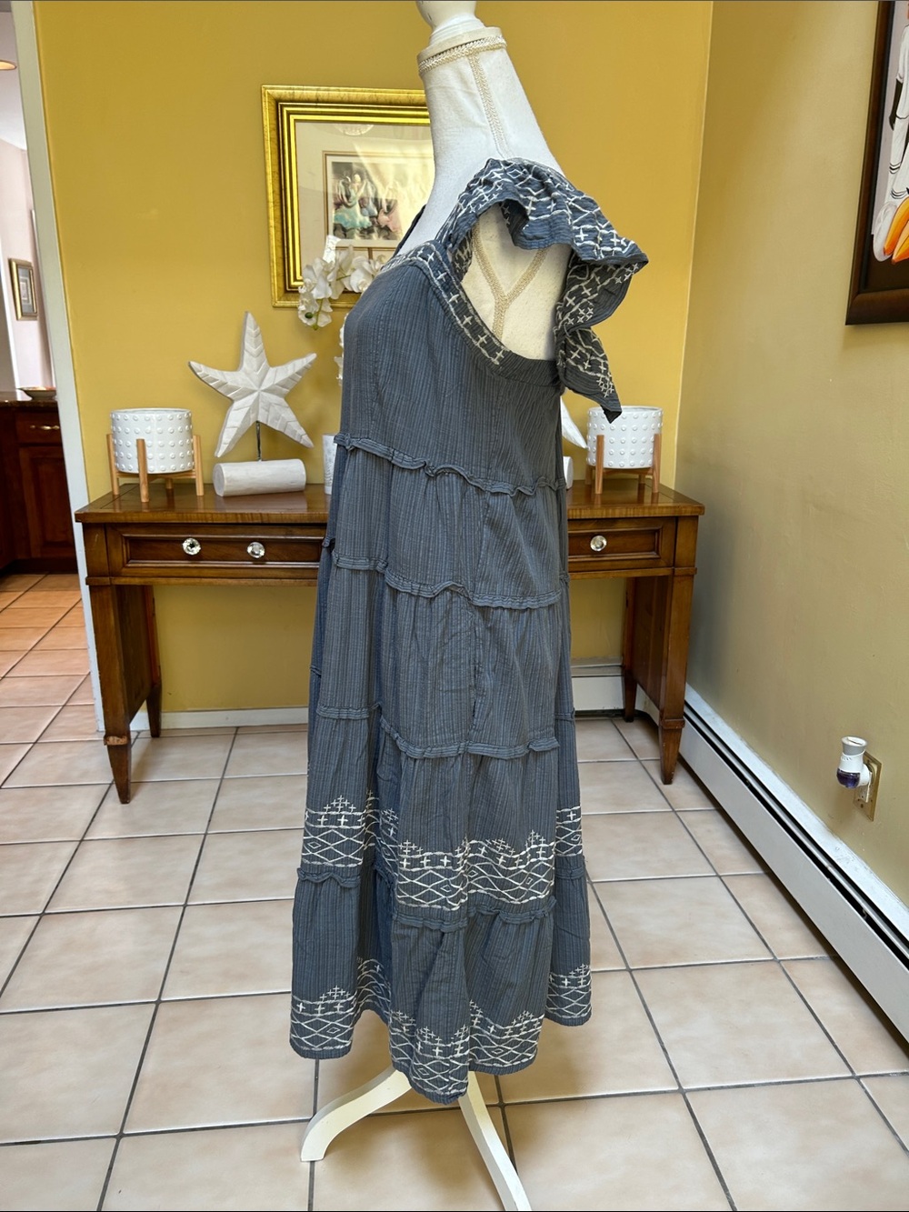 Knox Rose Square Neck Blue Grey Tiered Ruffle Embroidered Cotton LARGE Sundress - Picture 10 of 16